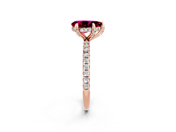 Rose gold Pear Cut Garnet Hidden Halo Engagement Ring with Round Pavé Band and Prong Setting
