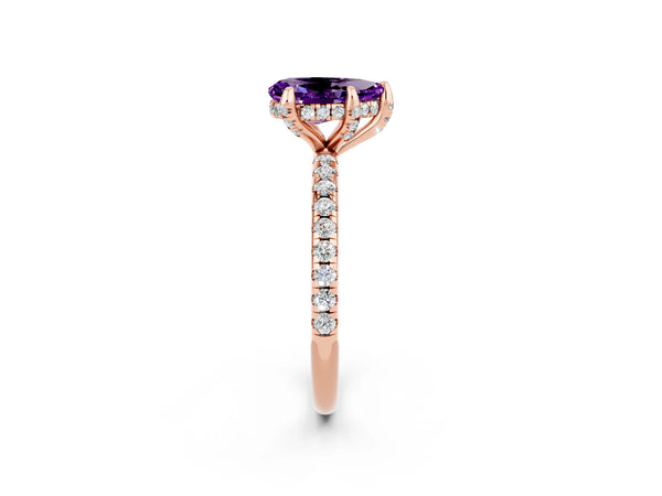 Rose gold Pear Cut Amethyst Hidden Halo Engagement Ring with Round Pavé Band and Prong Setting