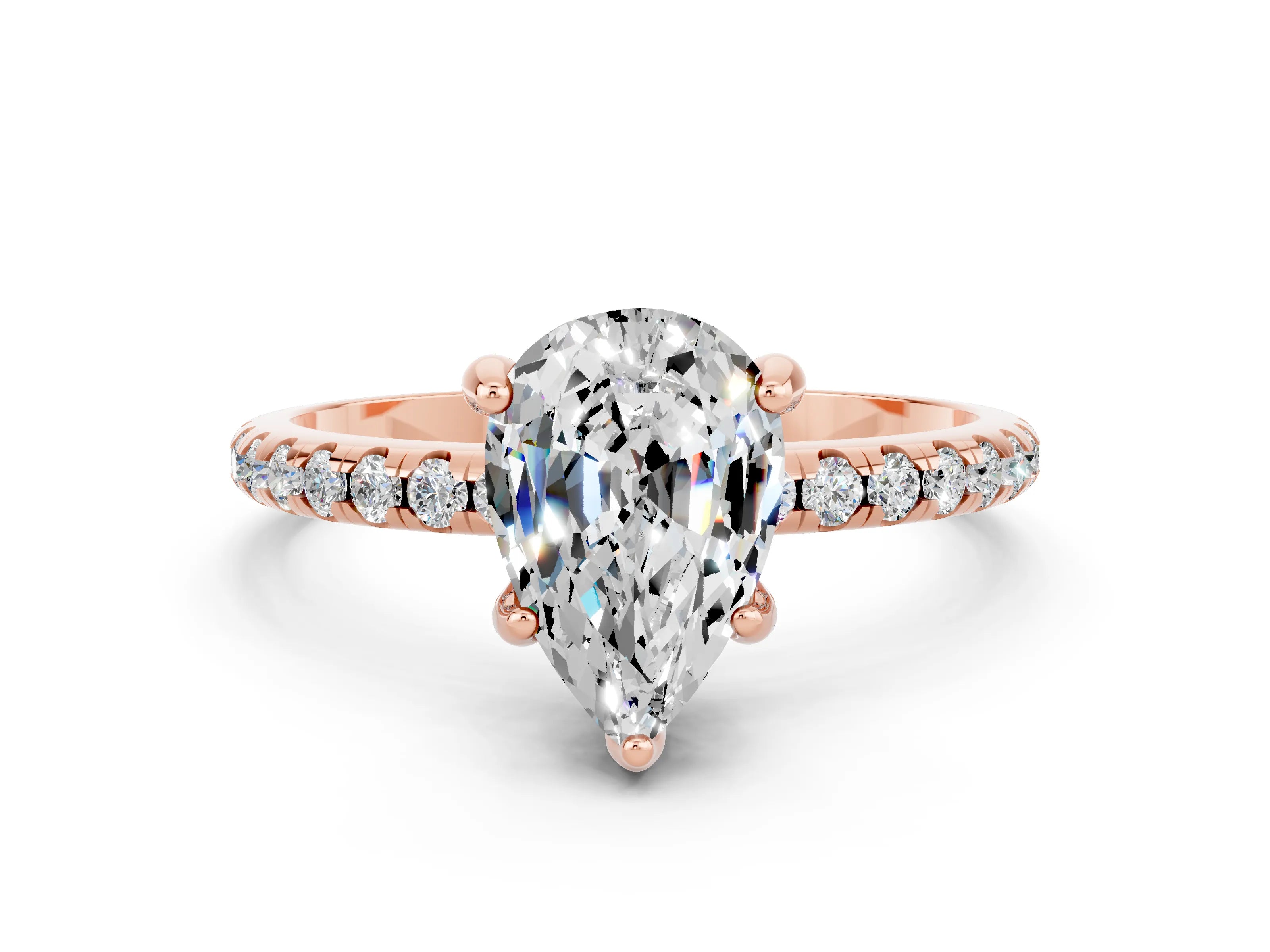 Rose gold Pear Cut Diamond Solitaire Ring with Four-Prong Setting and Pavé Band