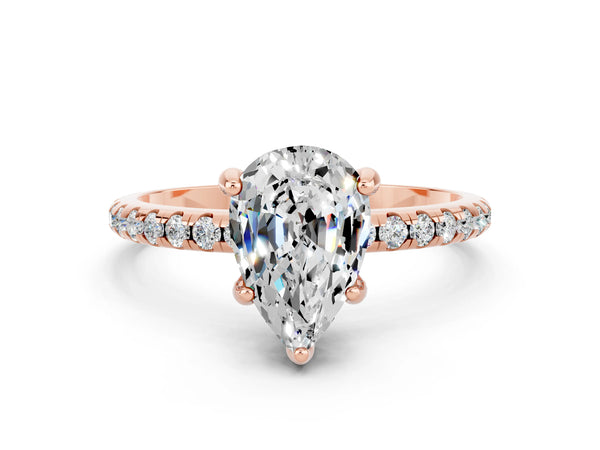 Rose gold Pear Cut Moissanite Hidden Halo Engagement Ring with Round Pavé Band and Prong Setting