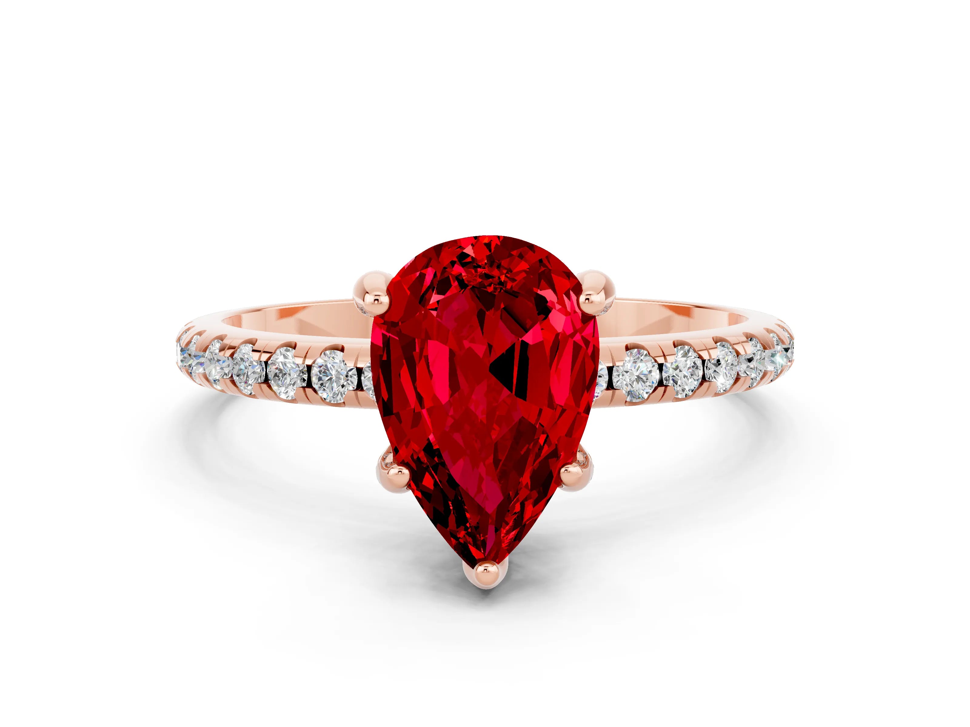Rose gold Pear Cut Diamond Solitaire Ring with Four-Prong Setting and Pavé Band