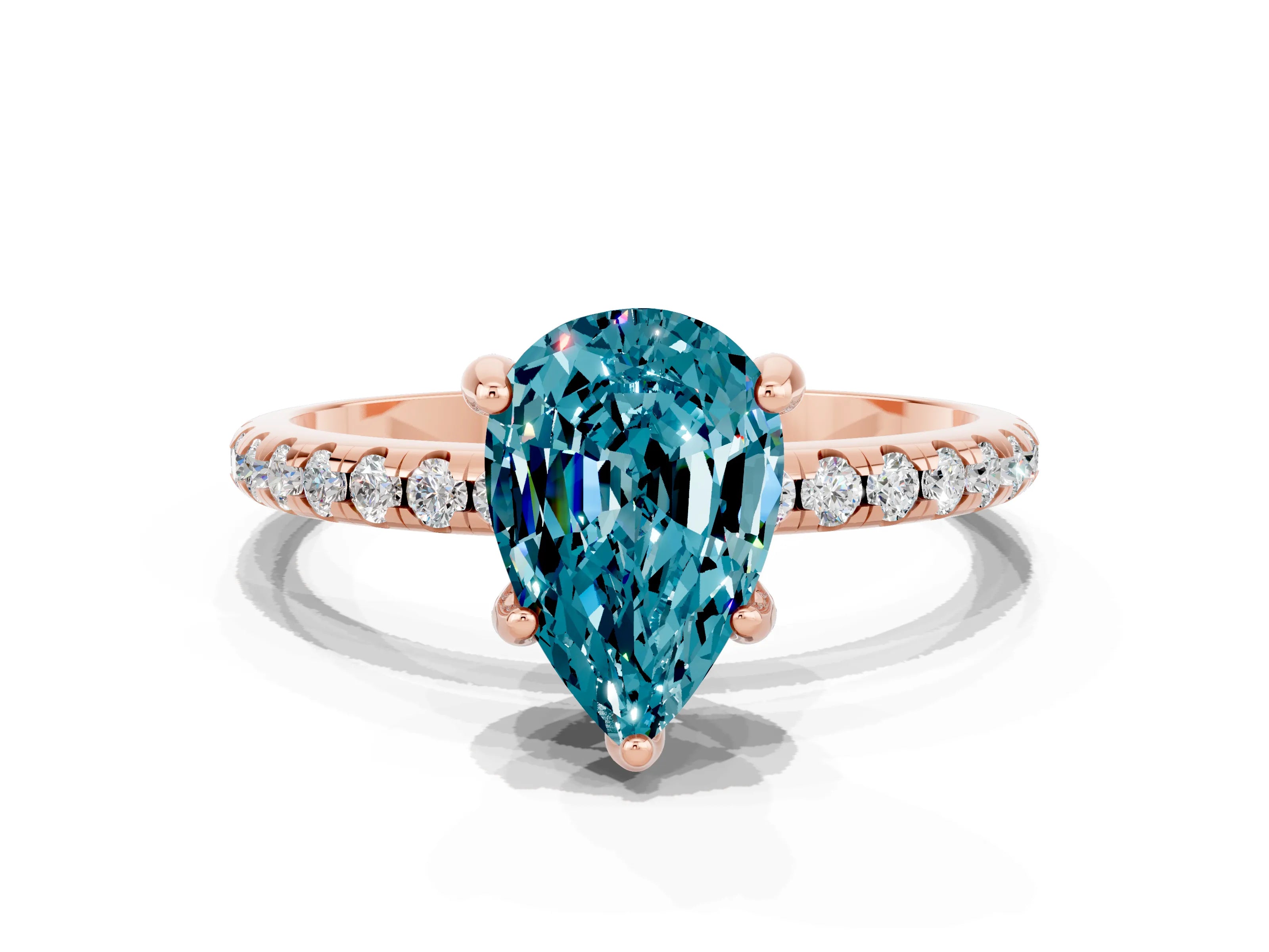 Rose gold Pear Cut Diamond Solitaire Ring with Four-Prong Setting and Pavé Band