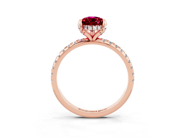 Rose gold Pear Cut Garnet Hidden Halo Engagement Ring with Round Pavé Band and Prong Setting