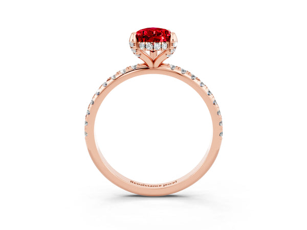Rose gold Pear Cut Diamond Solitaire Ring with Four-Prong Setting and Pavé Band