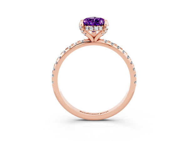 Rose gold Pear Cut Amethyst Hidden Halo Engagement Ring with Round Pavé Band and Prong Setting