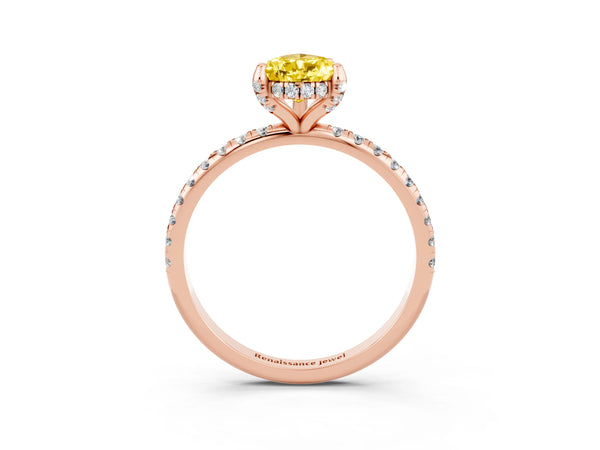Rose gold Pear Cut Yellow Sapphire Hidden Halo Engagement Ring with Round Pavé Band and Prong Setting