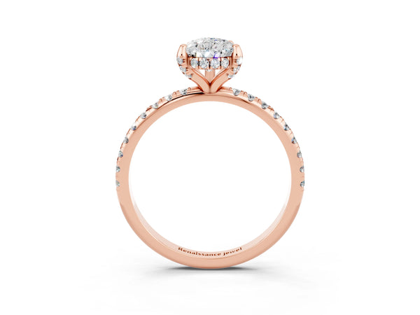 Rose gold Pear Cut Moissanite Hidden Halo Engagement Ring with Round Pavé Band and Prong Setting