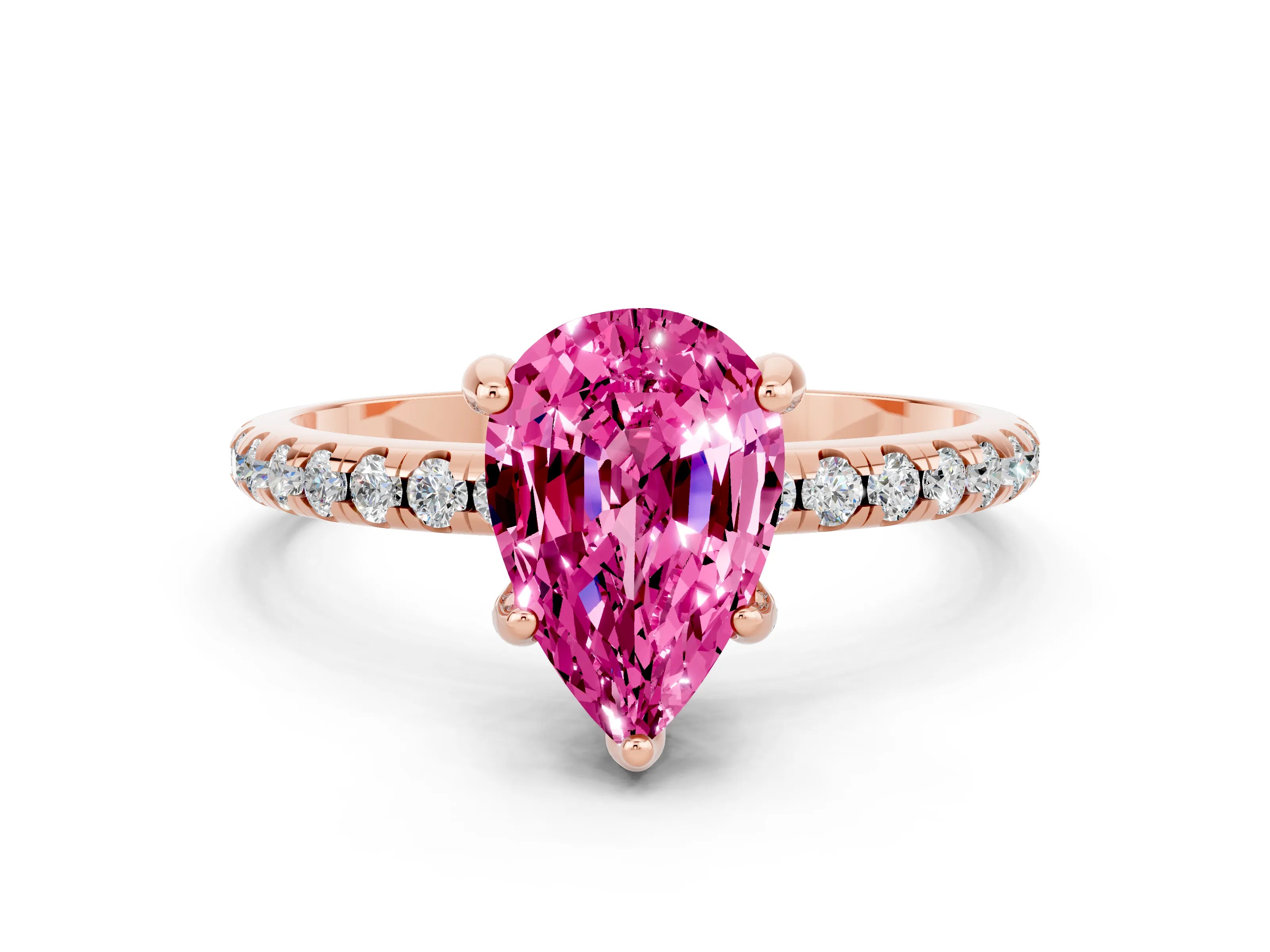 Rose gold Pear Cut Diamond Solitaire Ring with Four-Prong Setting and Pavé Band