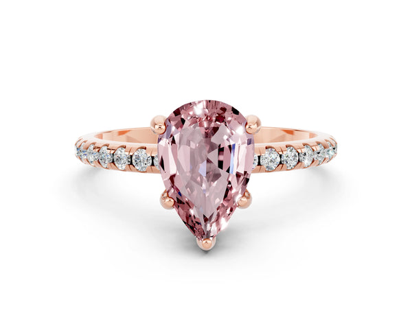 Rose gold Pear Cut Diamond Solitaire Ring with Four-Prong Setting and Pavé Band