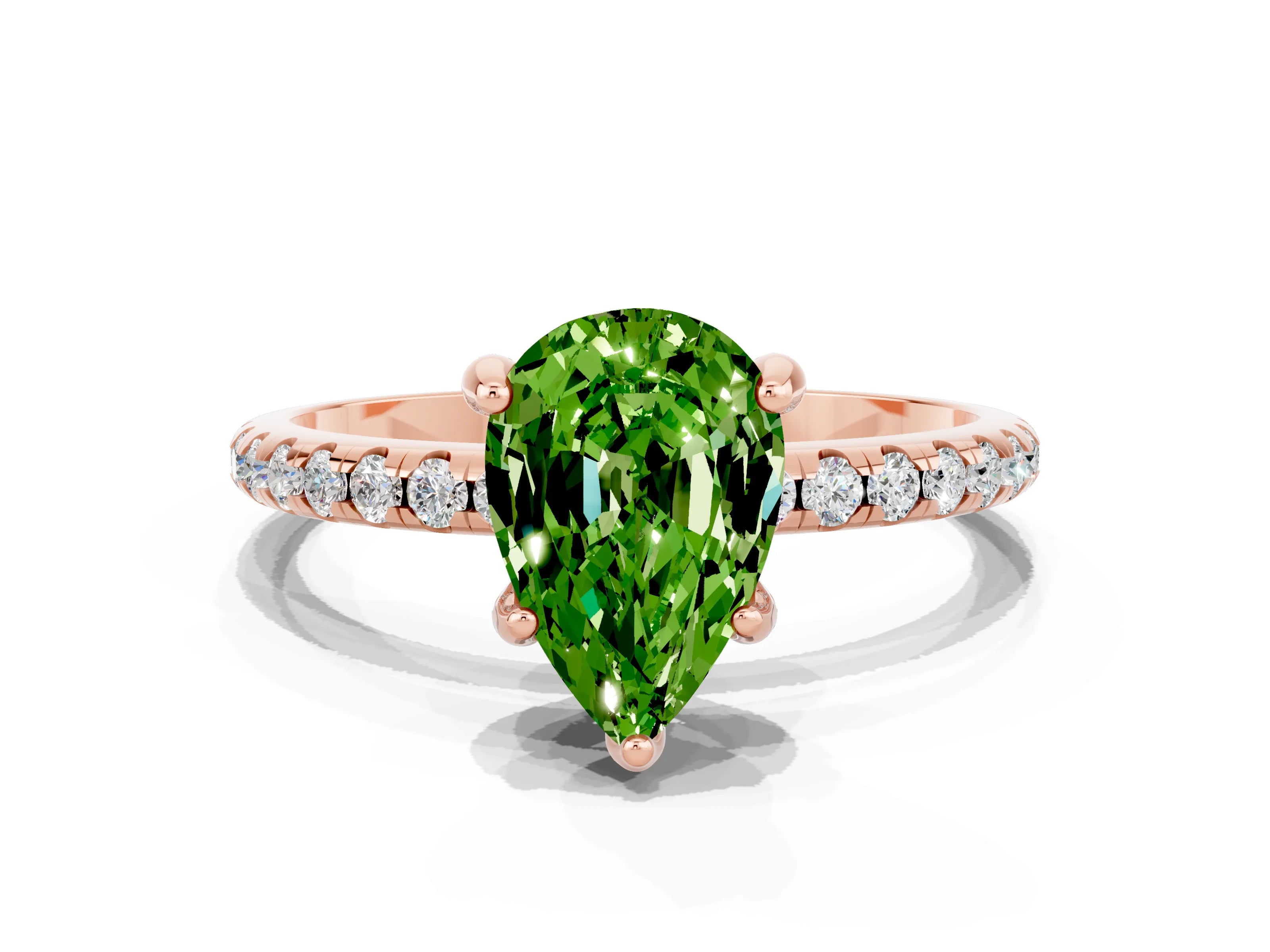 Rose gold Pear Cut Diamond Solitaire Ring with Four-Prong Setting and Pavé Band