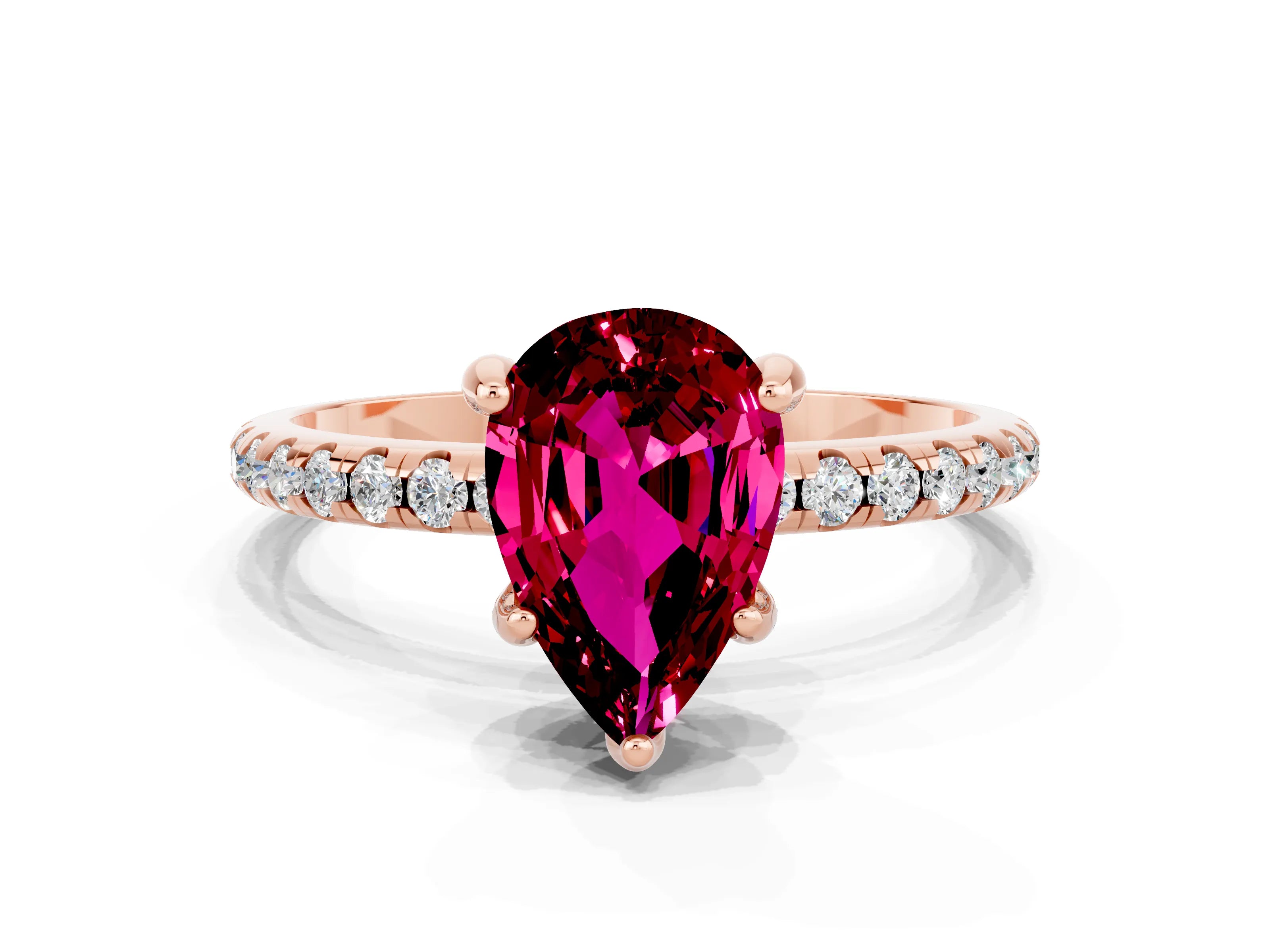 Rose gold Pear Cut Diamond Solitaire Ring with Four-Prong Setting and Pavé Band