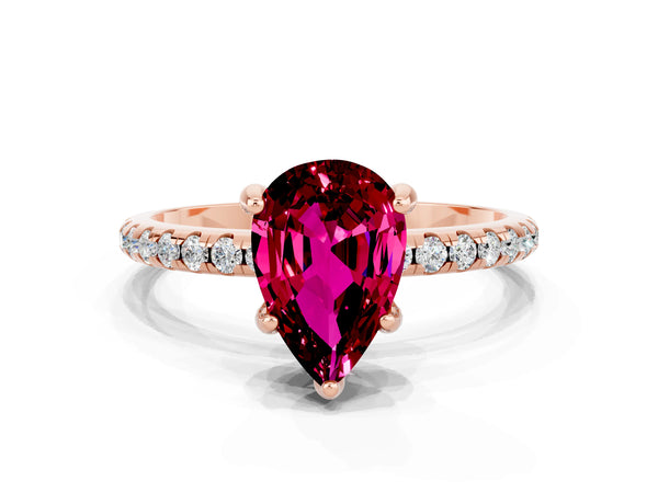 Rose gold Pear Cut Garnet Hidden Halo Engagement Ring with Round Pavé Band and Prong Setting