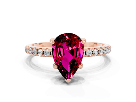 Rose gold Pear Cut Diamond Solitaire Ring with Four-Prong Setting and Pavé Band