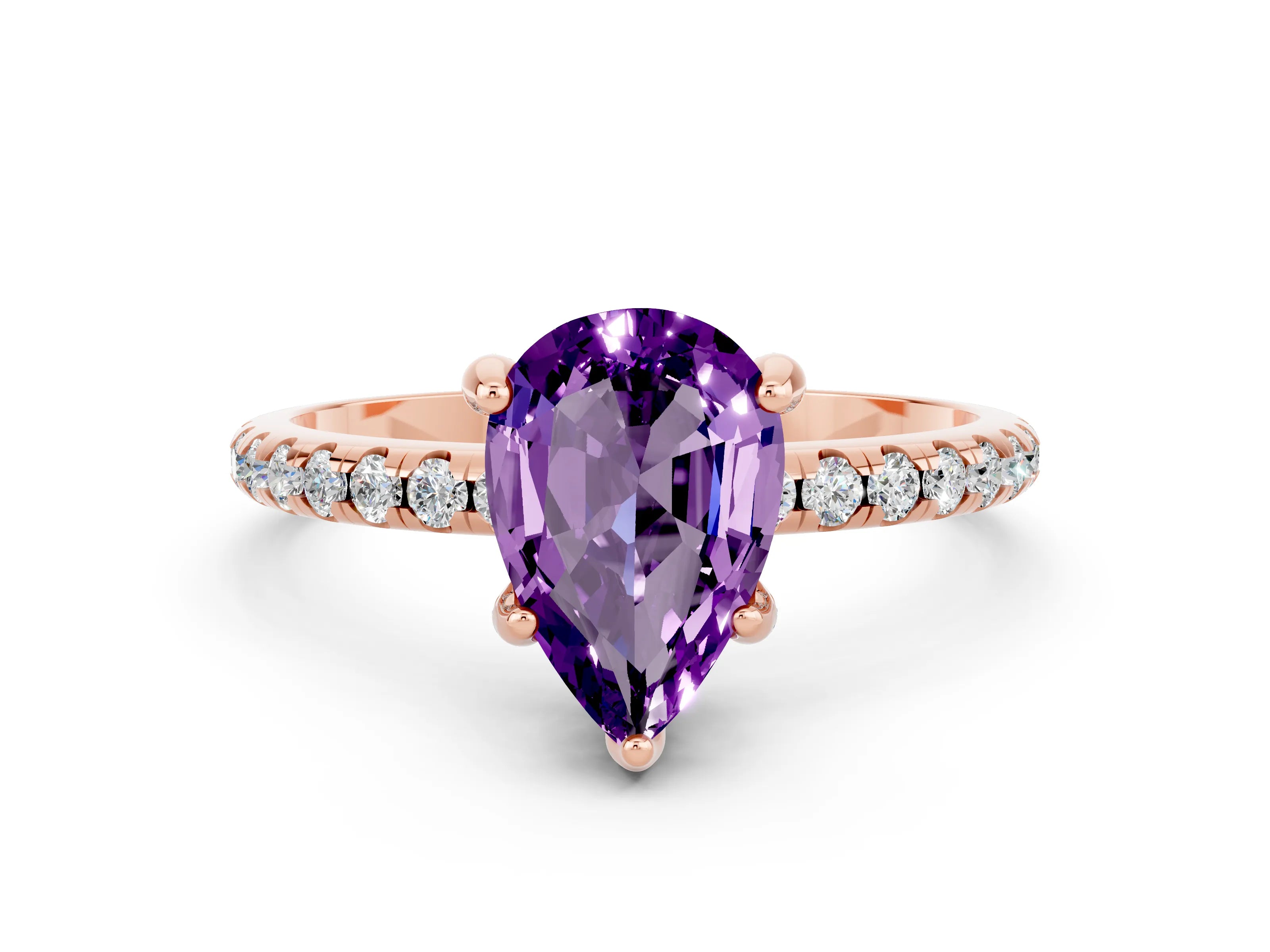 Rose gold Pear Cut Diamond Solitaire Ring with Four-Prong Setting and Pavé Band