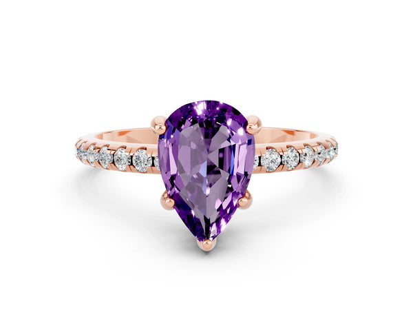 Rose gold Pear Cut Amethyst Hidden Halo Engagement Ring with Round Pavé Band and Prong Setting