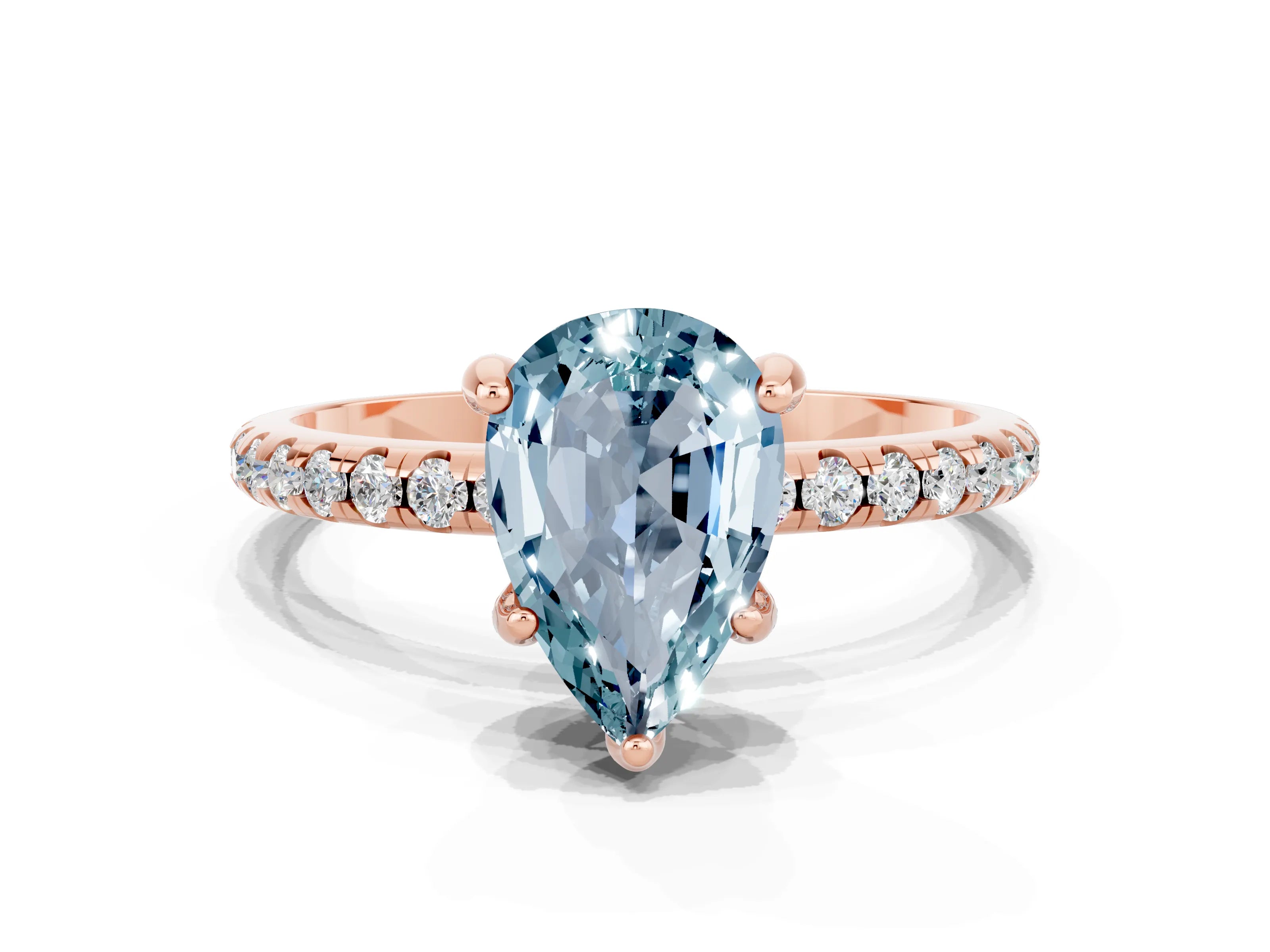 Rose gold Pear Cut Diamond Solitaire Ring with Four-Prong Setting and Pavé Band