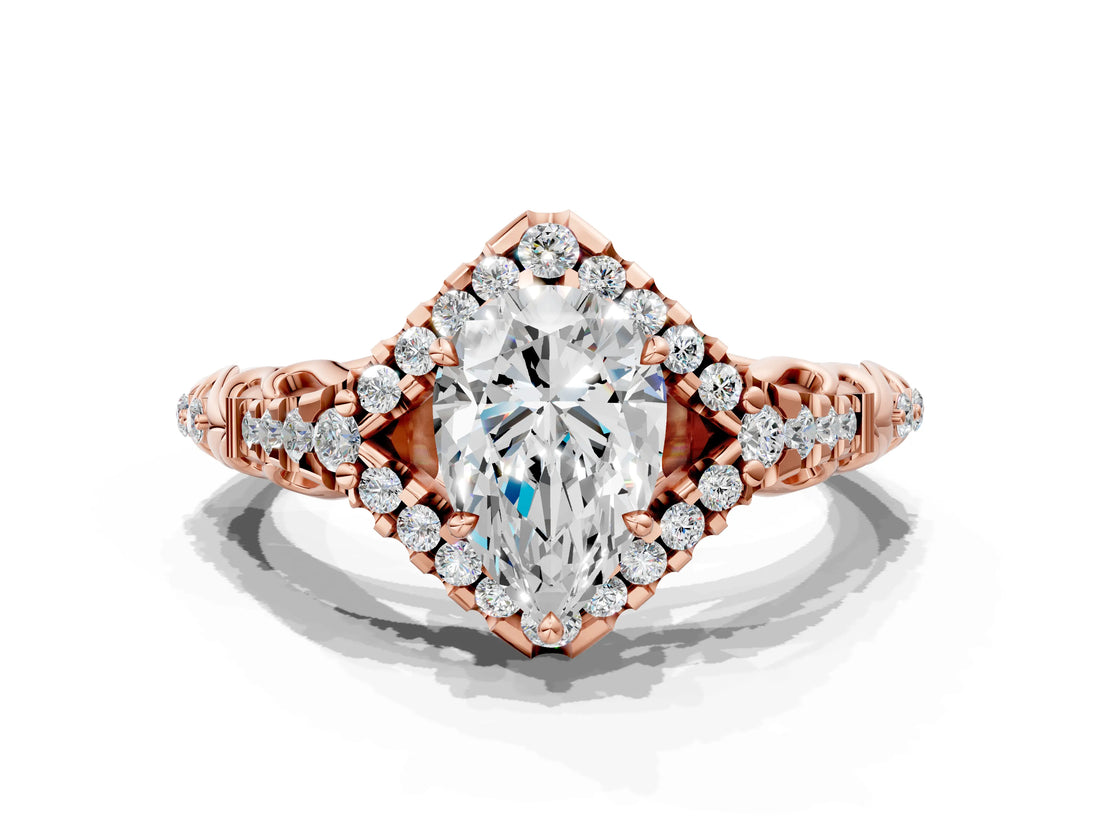 Rose gold Pear Cut Diamond Solitaire Ring with Hidden Halo and Pavé Band_27