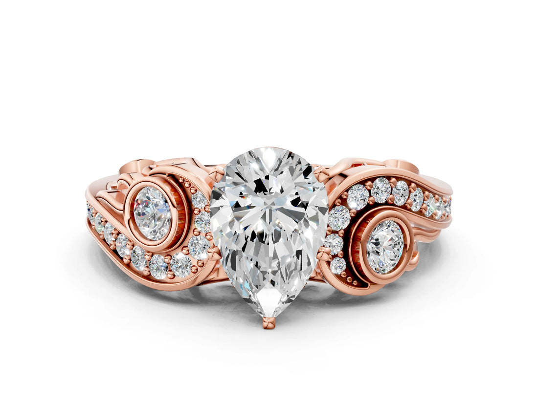 Rose gold Pear Cut Diamond Solitaire Ring with Milgrain Pavé Band and Four-Prong Setting_185