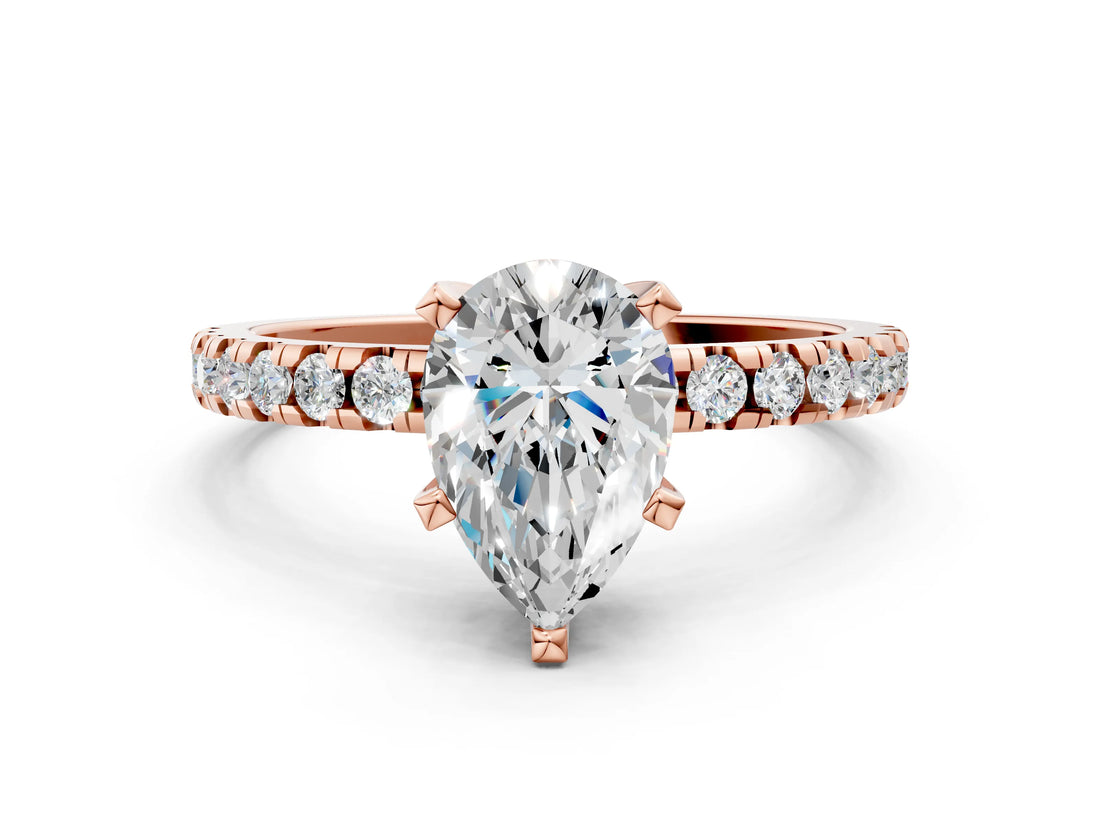Rose gold Pear Cut Diamond Solitaire Ring with Pavé Band and Four-Prong Setting