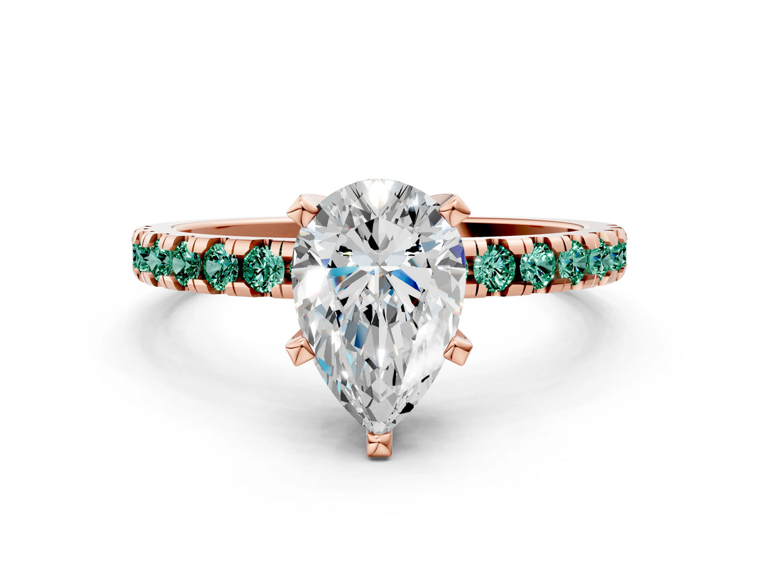 Rose gold Pear Cut Diamond Solitaire Ring with Pavé Band and Four-Prong Setting