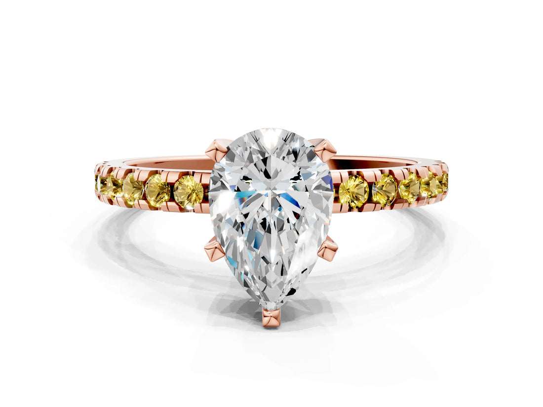 Rose gold Pear Cut Diamond Solitaire Ring with Pavé Band and Four-Prong Setting