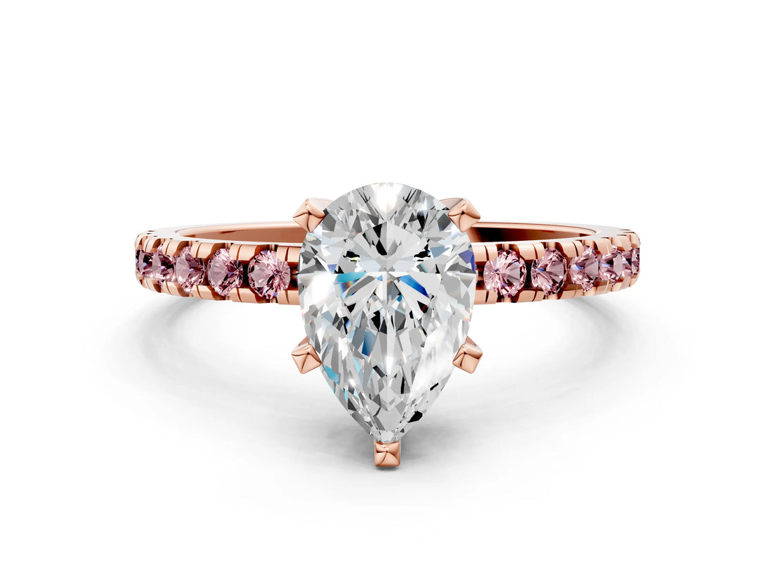 Rose gold Pear Cut Diamond Solitaire Ring with Pavé Band and Four-Prong Setting