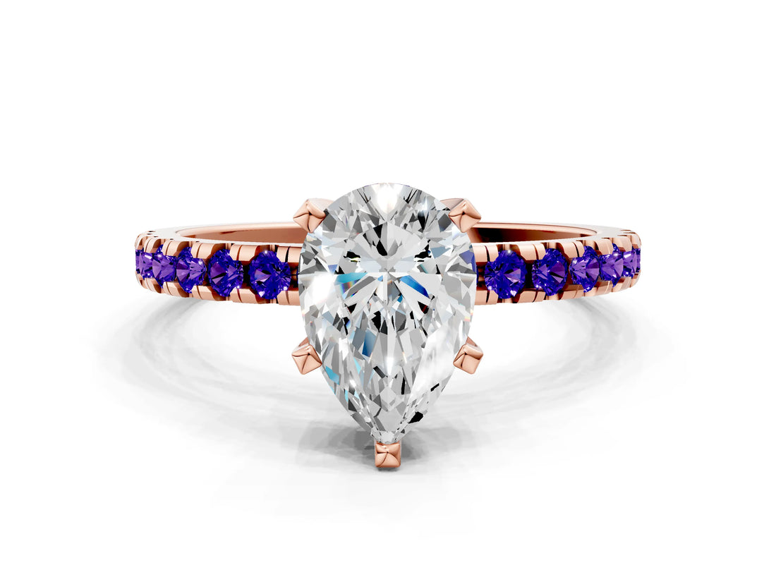 Rose gold Pear Cut Diamond Solitaire Ring with Pavé Band and Four-Prong Setting
