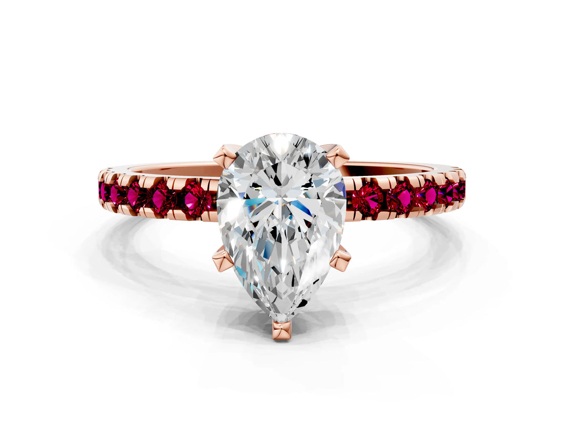 Rose gold Pear Cut Diamond Solitaire Ring with Pavé Band and Four-Prong Setting