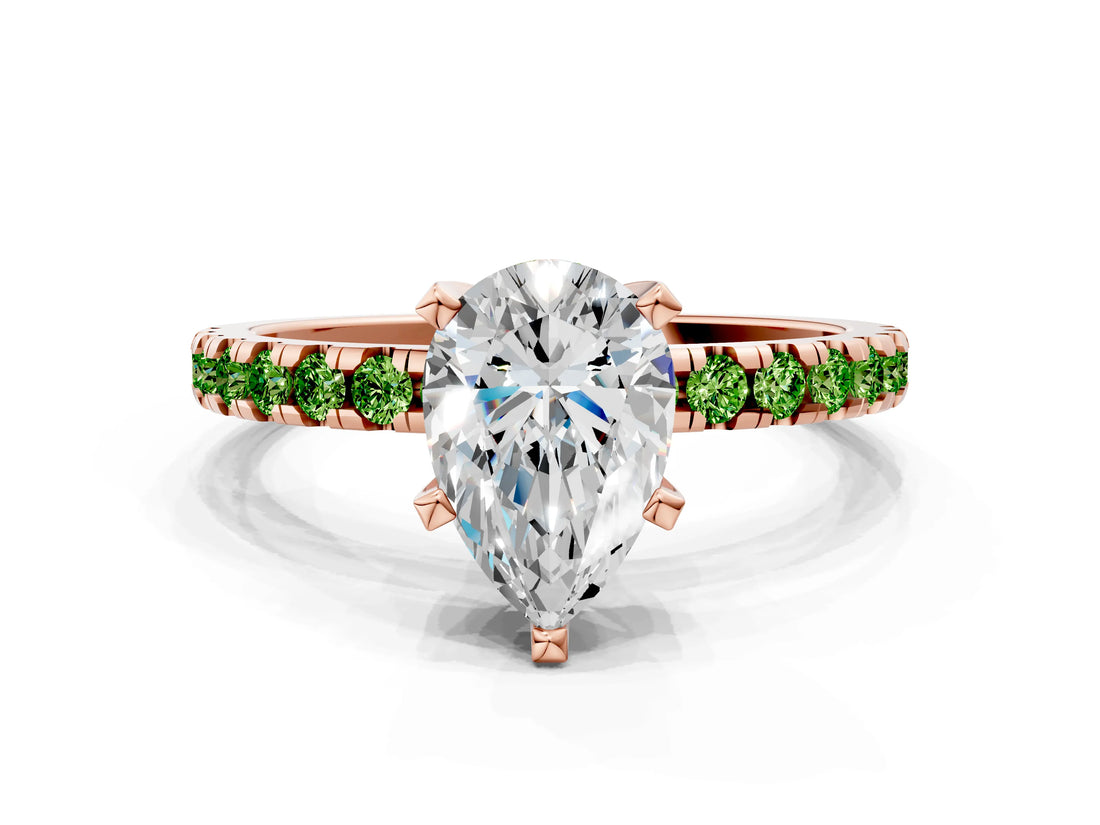 Rose gold Pear Cut Diamond Solitaire Ring with Pavé Band and Four-Prong Setting