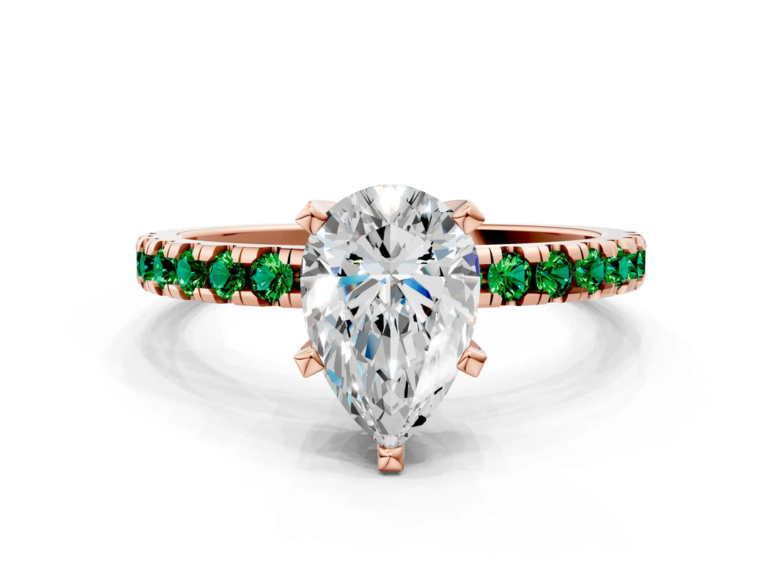 Rose gold Pear Cut Diamond Solitaire Ring with Pavé Band and Four-Prong Setting