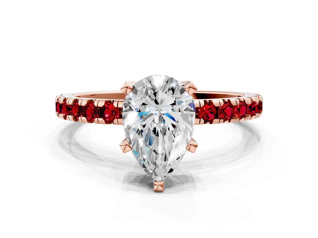 Rose gold Pear Cut Diamond Solitaire Ring with Pavé Band and Four-Prong Setting