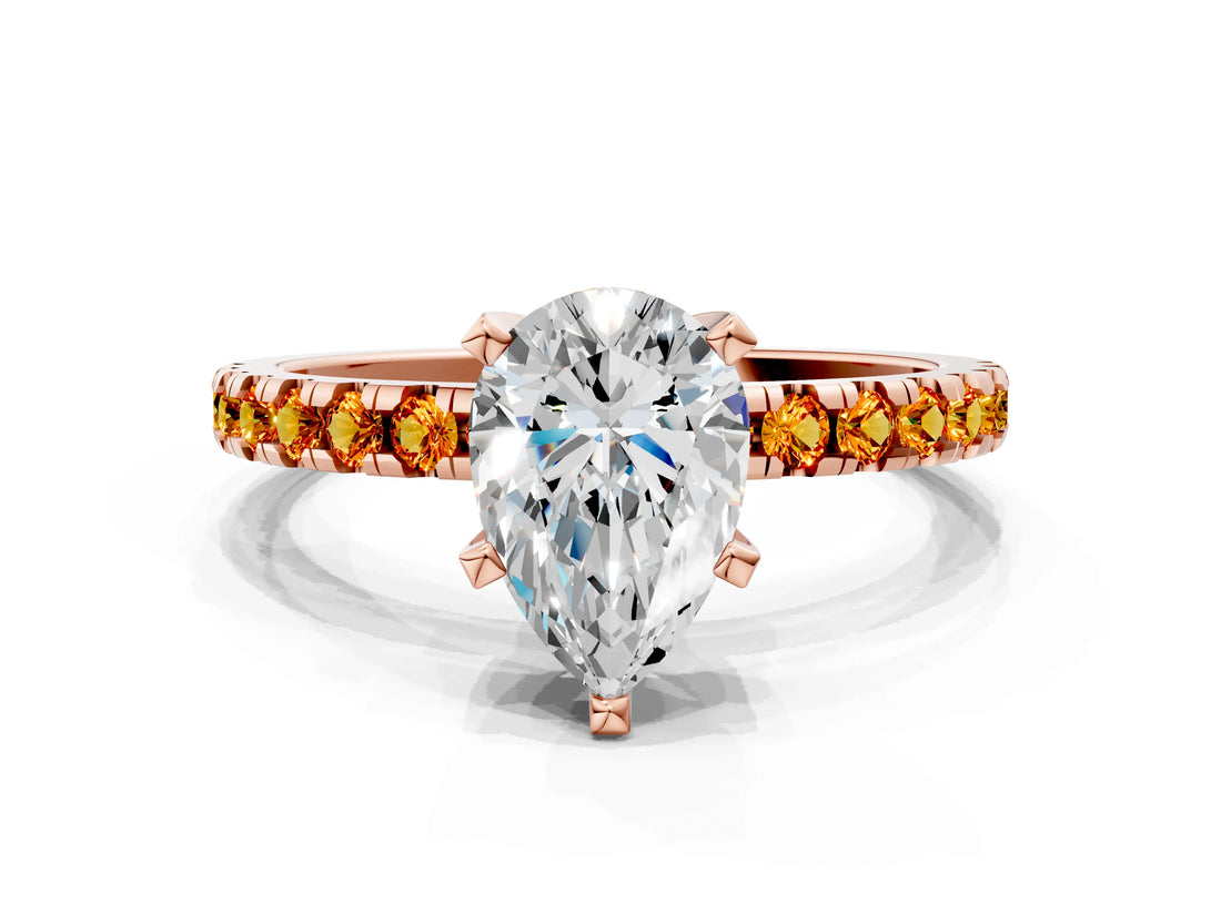 Rose gold Pear Cut Diamond Solitaire Ring with Pavé Band and Four-Prong Setting