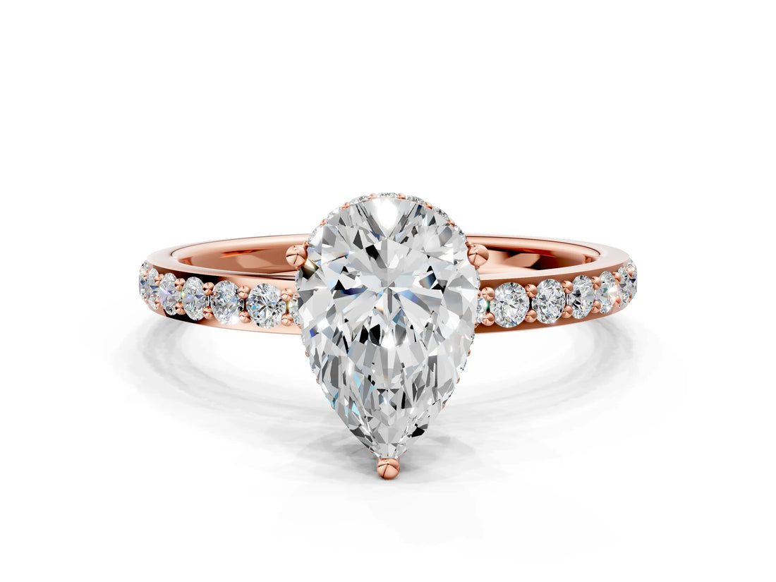 Rose gold Pear Cut Diamond Solitaire Ring with Pavé Band and Hidden Halo_20