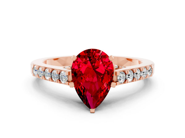 Rose gold Pear Cut Ruby Solitaire Ring with Crossover Gallery and Round  Pavé Band