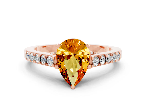Rose gold Pear Cut Citrine Solitaire Ring with Crossover Gallery and Round  Pavé Band