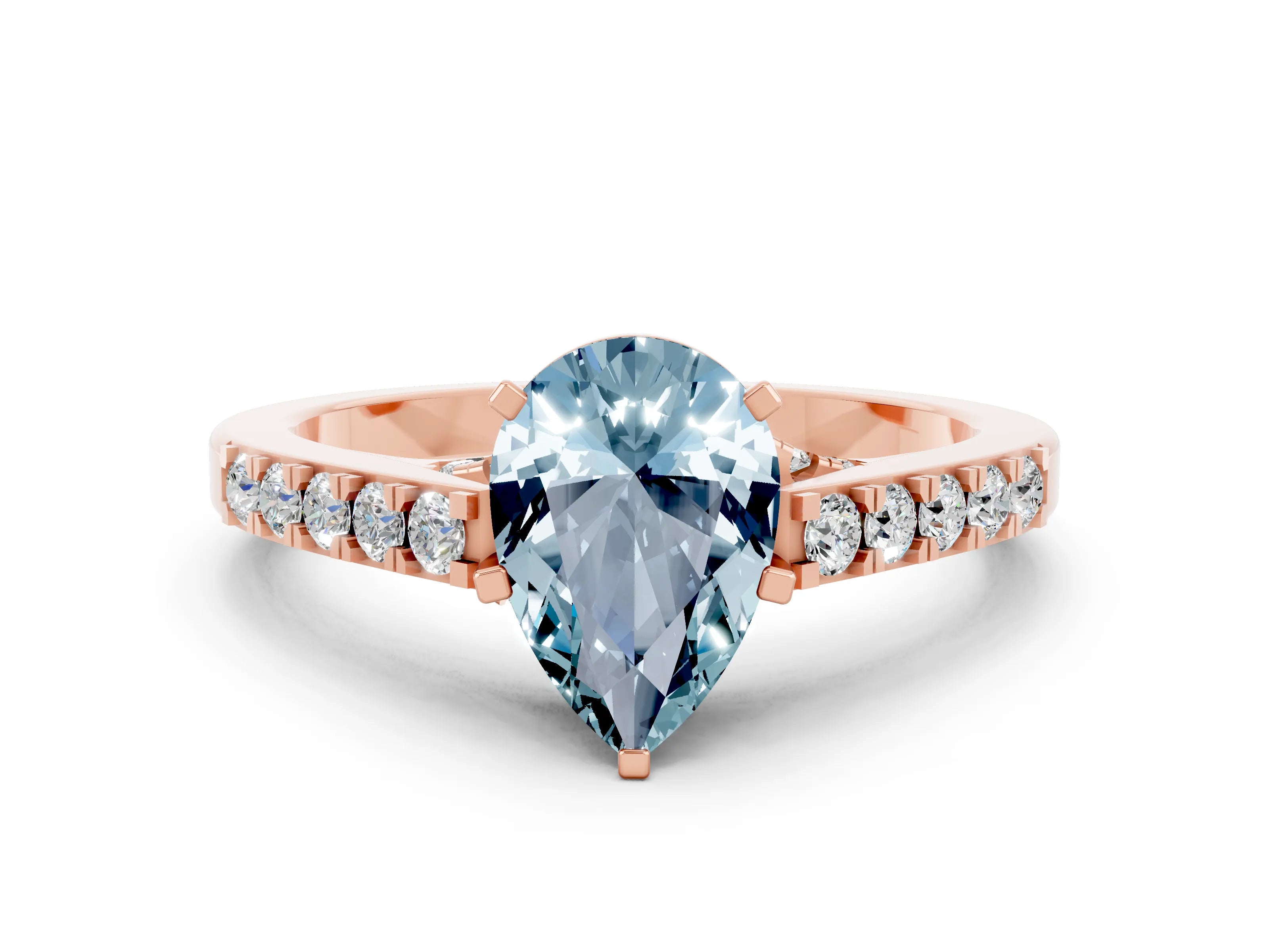 Rose gold Pear Cut Diamond Solitaire Ring with Pavé Band and Prong Setting