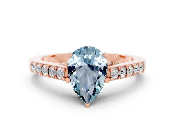 Rose gold Pear Cut Aquamarine Solitaire Ring with Crossover Gallery and Round  Pavé Band