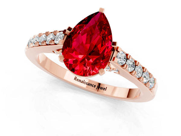 Rose gold Pear Cut Ruby Solitaire Ring with Crossover Gallery and Round  Pavé Band
