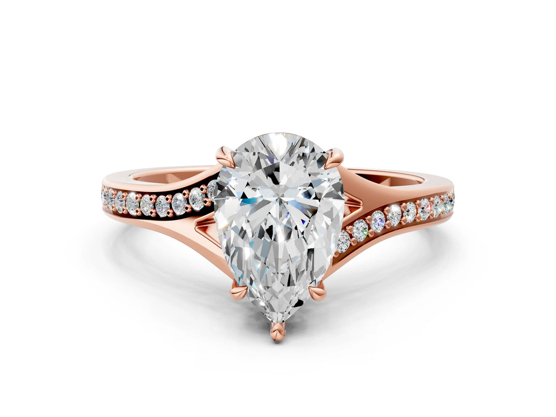 Rose gold Pear Cut Diamond Solitaire Ring with Pavé Band and Prong Setting_12