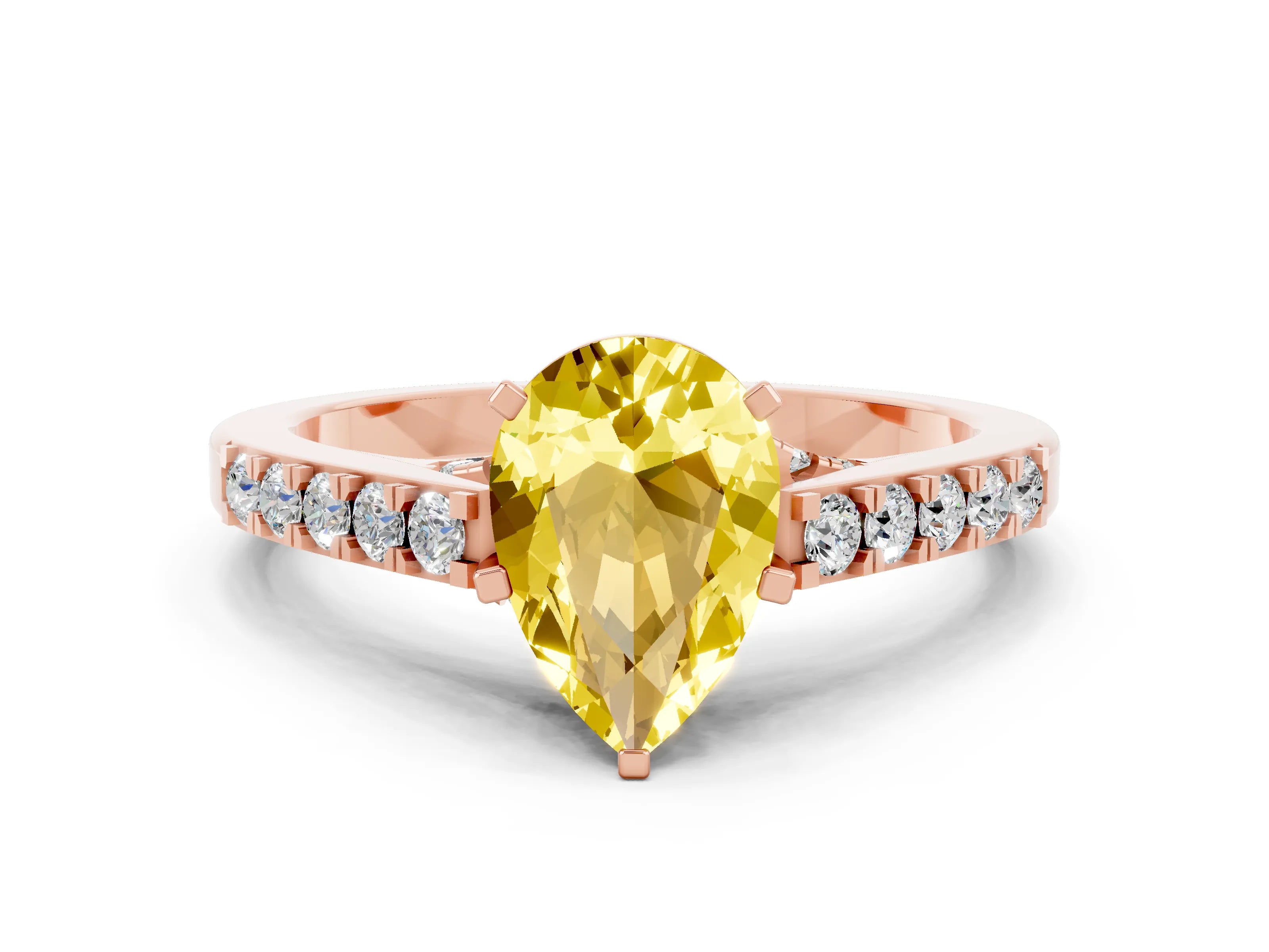 Rose gold Pear Cut Diamond Solitaire Ring with Pavé Band and Prong Setting