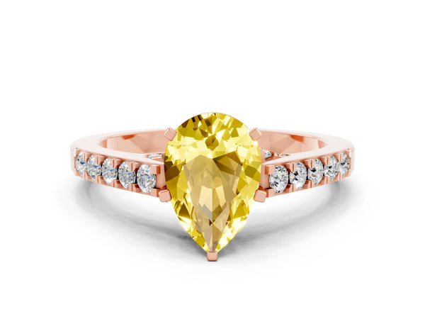 Rose gold Pear Cut Yellow Sapphire Solitaire Ring with Crossover Gallery and Round  Pavé Band