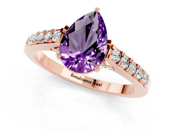 Rose gold Pear Cut Amethyst Solitaire Ring with Crossover Gallery and Round  Pavé Band