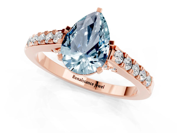 Rose gold Pear Cut Aquamarine Solitaire Ring with Crossover Gallery and Round  Pavé Band