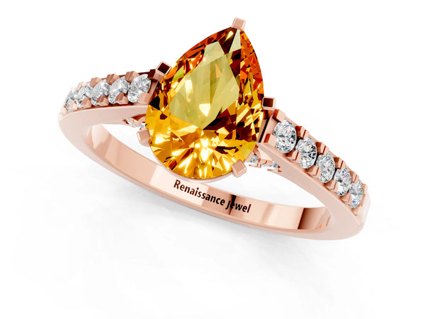 Rose gold Pear Cut Citrine Solitaire Ring with Crossover Gallery and Round  Pavé Band