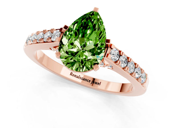 Rose gold Pear Cut Peridot Solitaire Ring with Crossover Gallery and Round  Pavé Band