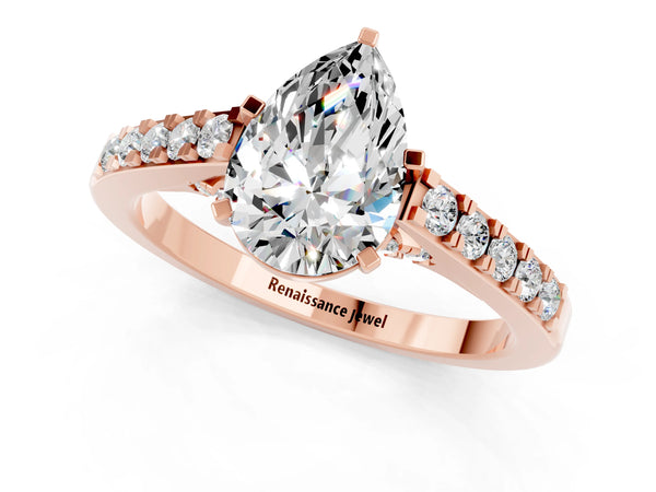 Rose gold Pear Cut Moissanite Solitaire Ring with Crossover Gallery and Round  Pavé Band