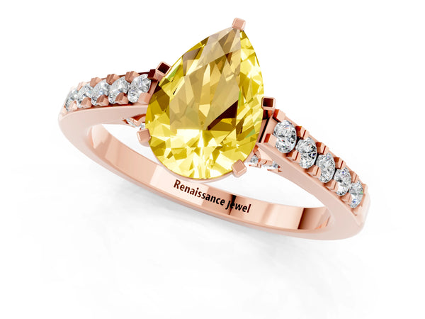 Rose gold Pear Cut Yellow Sapphire Solitaire Ring with Crossover Gallery and Round  Pavé Band