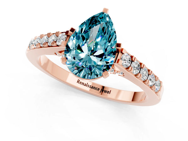 Rose gold Pear Cut Blue Topaz Solitaire Ring with Crossover Gallery and Round  Pavé Band