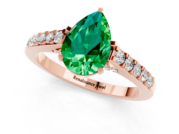 Rose gold Pear Cut Emerald Solitaire Ring with Crossover Gallery and Round  Pavé Band