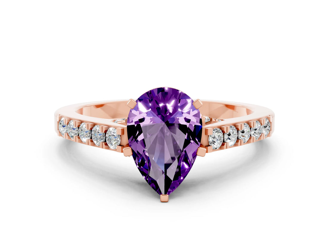 Rose gold Pear Cut Diamond Solitaire Ring with Pavé Band and Prong Setting
